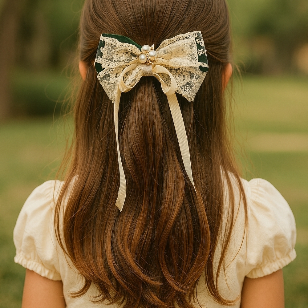 Elegant Cream Lace Hair Bow with Pearls🎀
